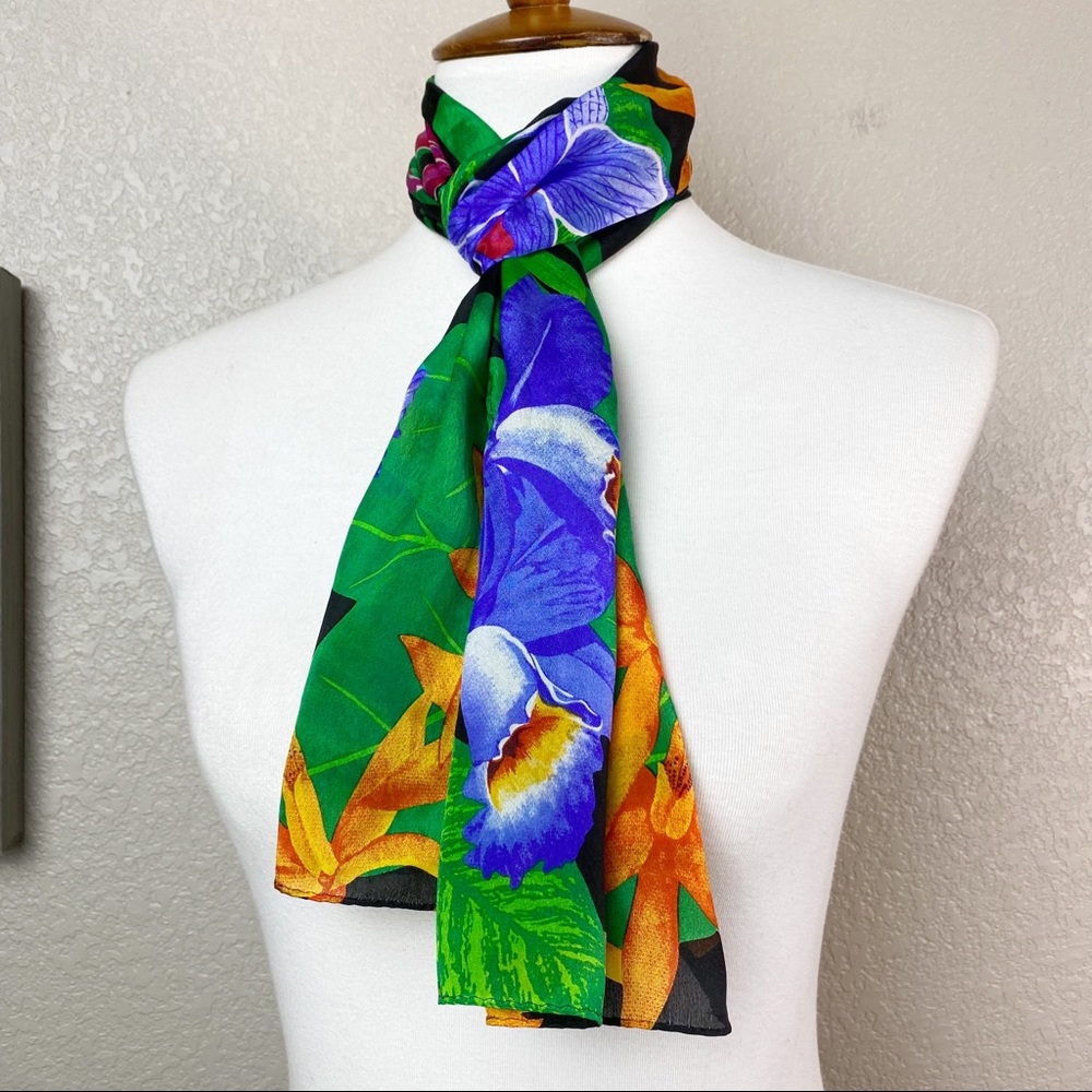 Tropical Floral Scarf with Green and Blue Accents
